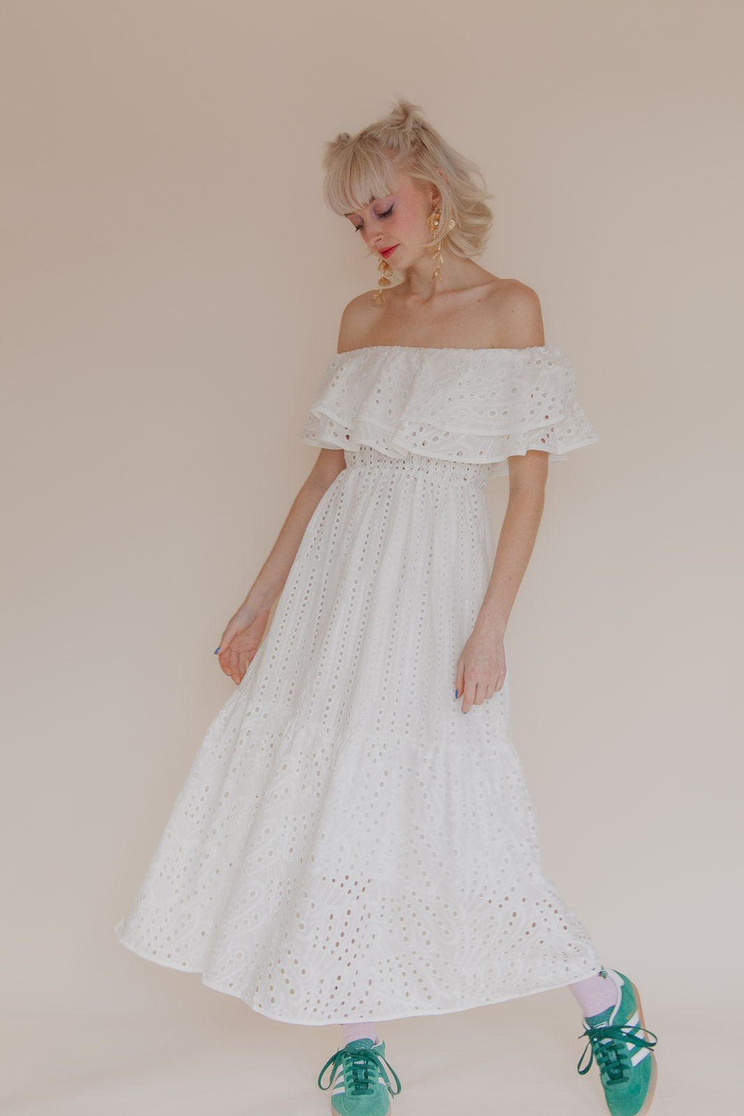 OFF-SHOULDER BRODERIE DRESS