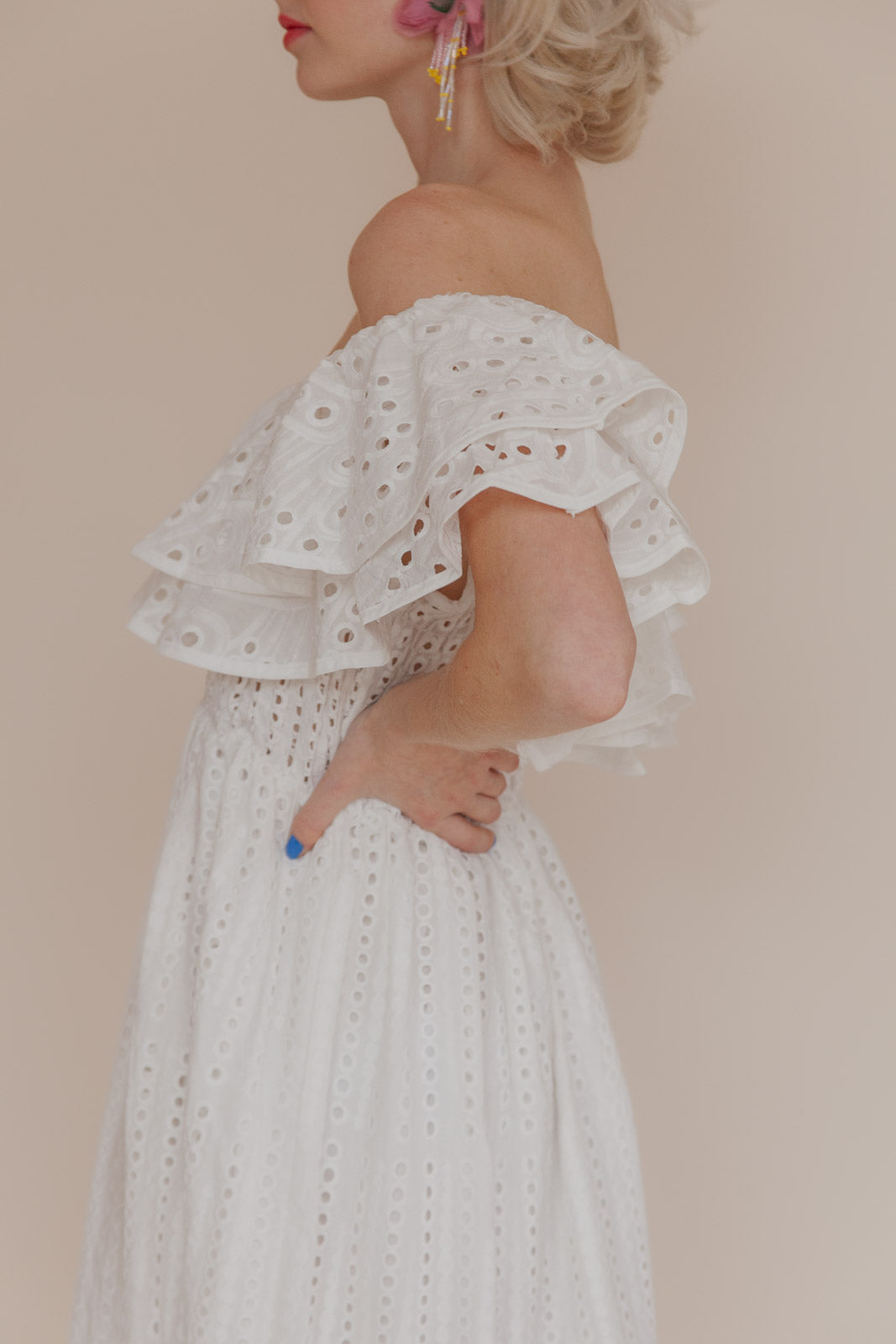 OFF-SHOULDER BRODERIE DRESS