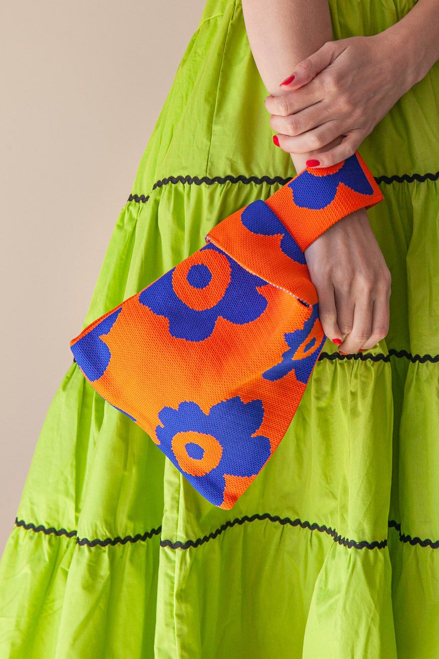 MINI KNIT TOTE - ORANGE + COBALT FLOWER