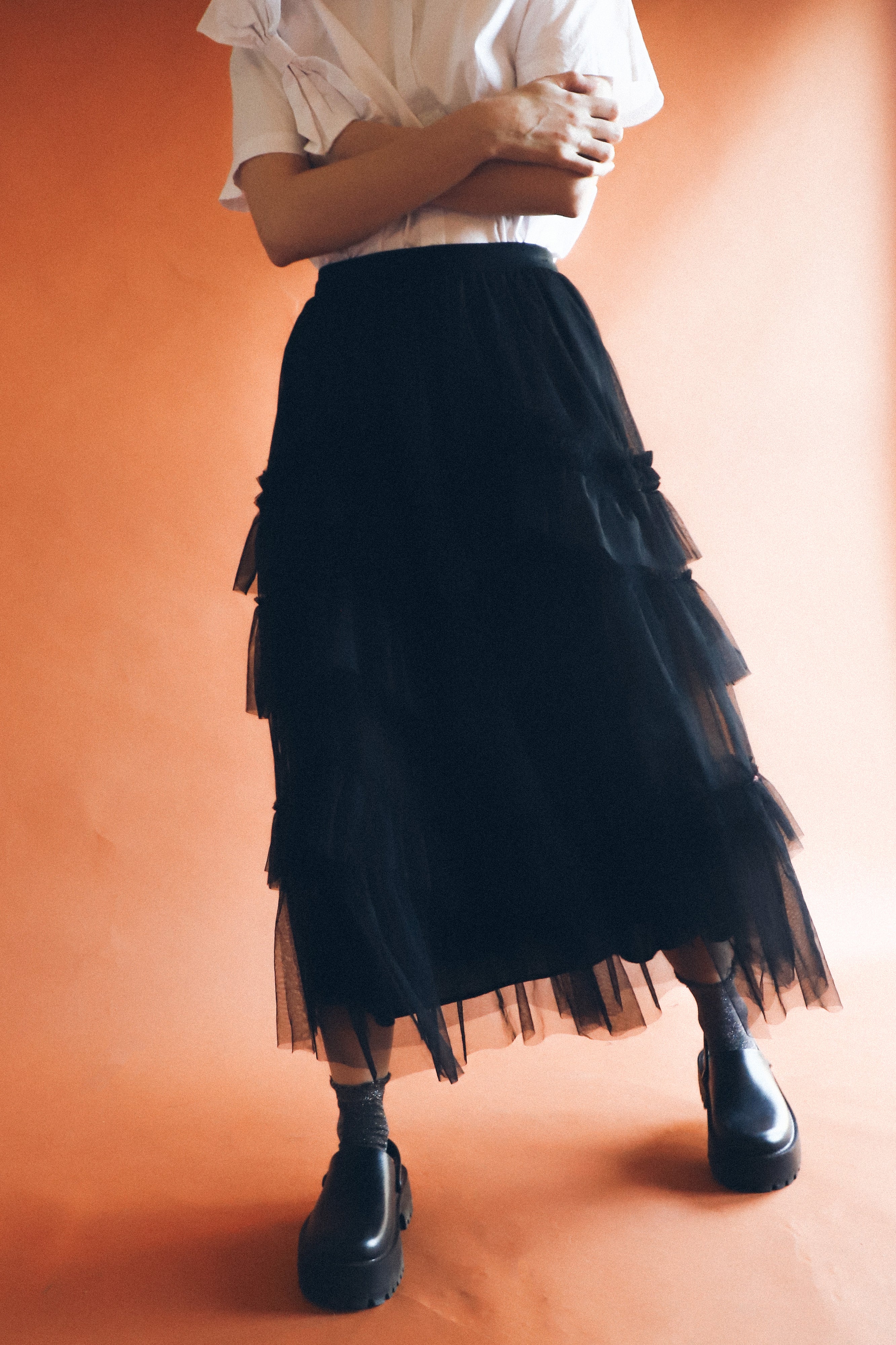 RUFFLE TULLE SKIRT - BLACK