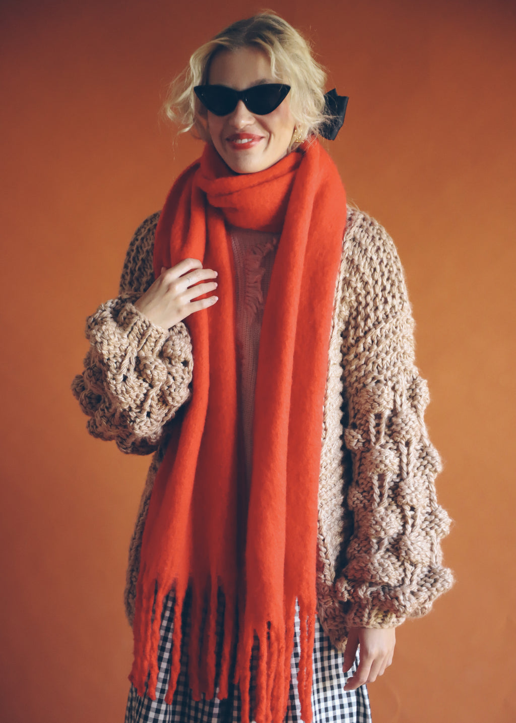 RED FRINGED SCARF