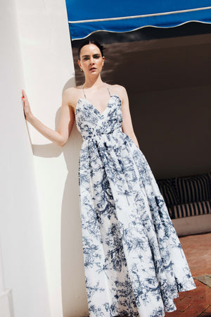 MAXI DRESS WITH PLEATED BODICE AND CRISS-CROSS BACK in