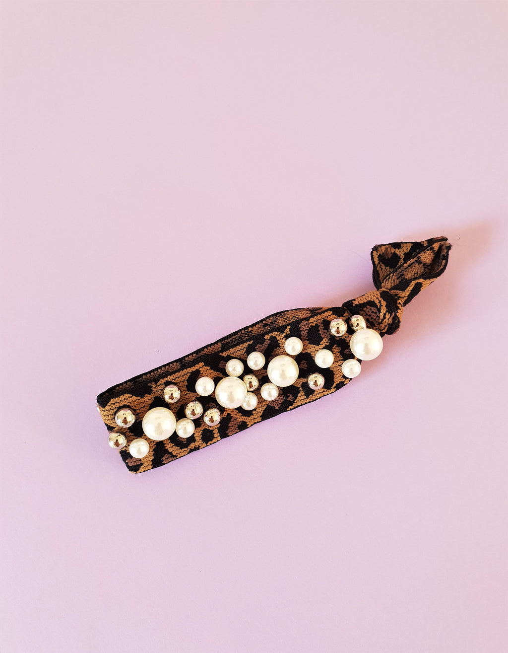 LEOPARD PRINT HAIR TIE WITH PEARL EMBELLISHMENT